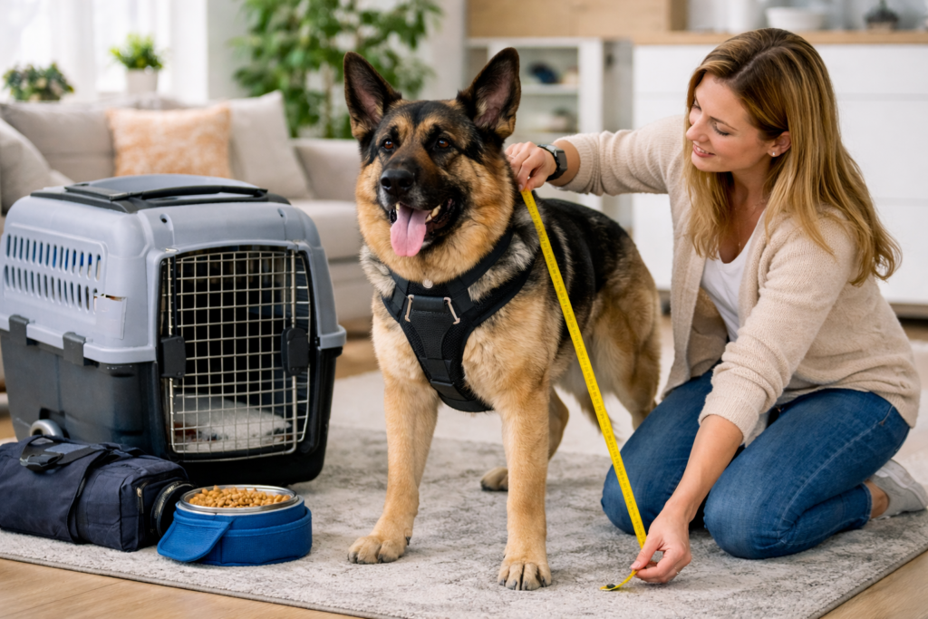 Consejos para viajar con perros: mujer midiendo la altura de un Pastor Alemán de pie junto a un transportín rígido para calcular el espacio vital según la normativa IATA.