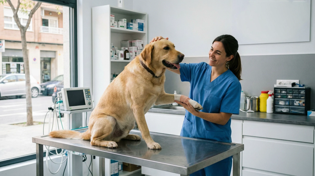 Requisitos para viajar con perros en avión: veterinaria examinando a un perro de gran tamaño en consulta clínica para asegurar el bienestar en vuelo.