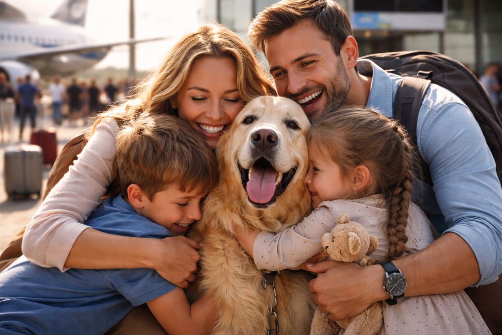 Viajar en avión con perros. Momento del reencuentro después del vuelo.
