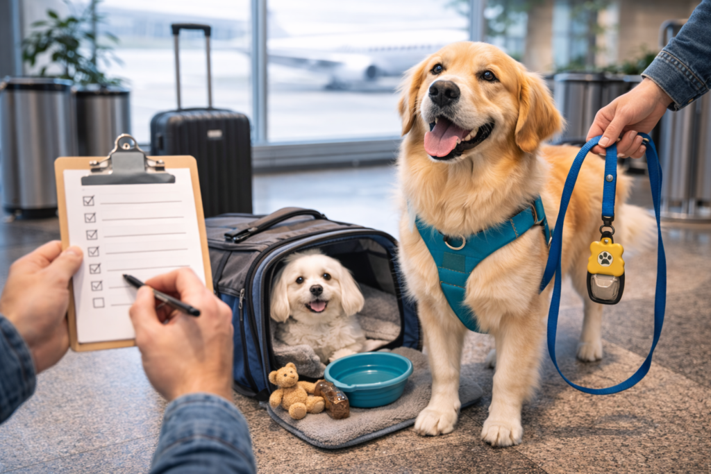 Viajar en avion con perros grandes: dueño revisando una lista de preparativos en el aeropuerto junto a su Golden Retriever y un perro pequeño en su transportín.