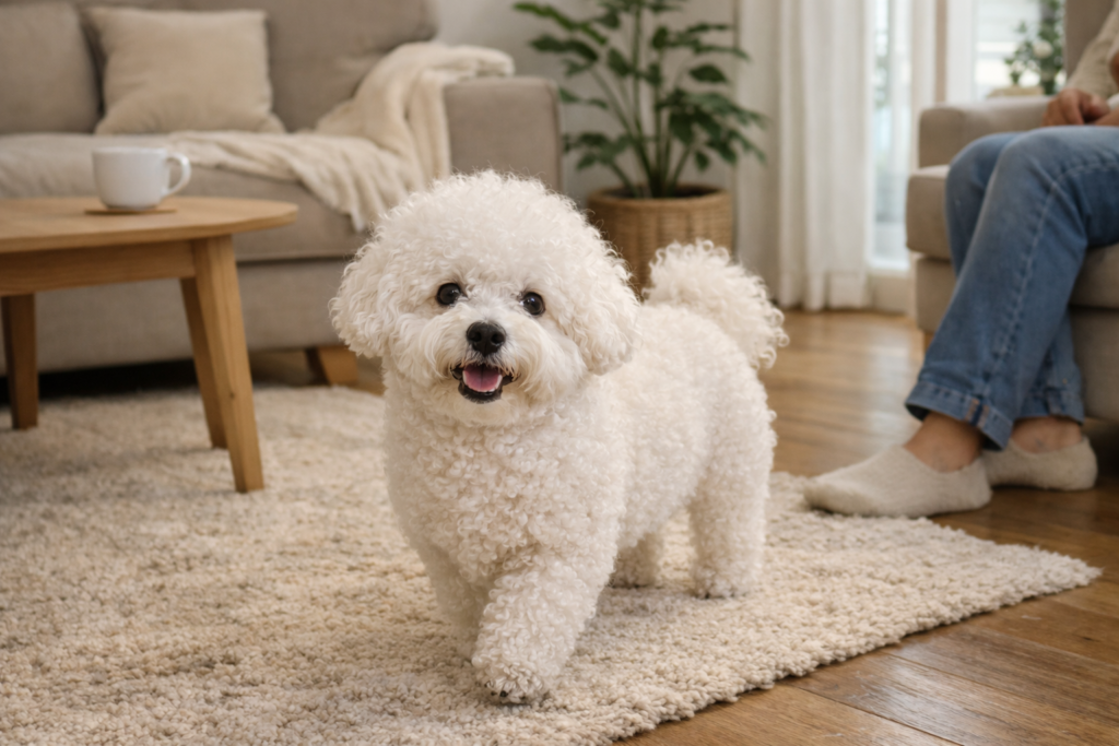 Bichón Frisé en casa caminando hacia su familia