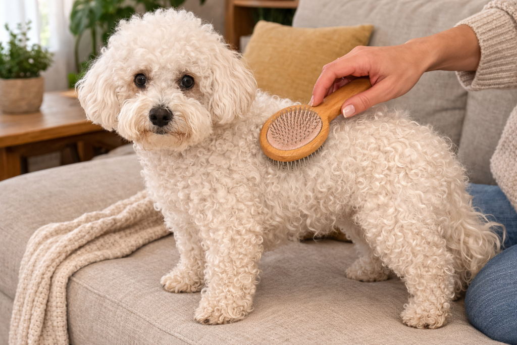 perro pequeño de pelo rizado en casa