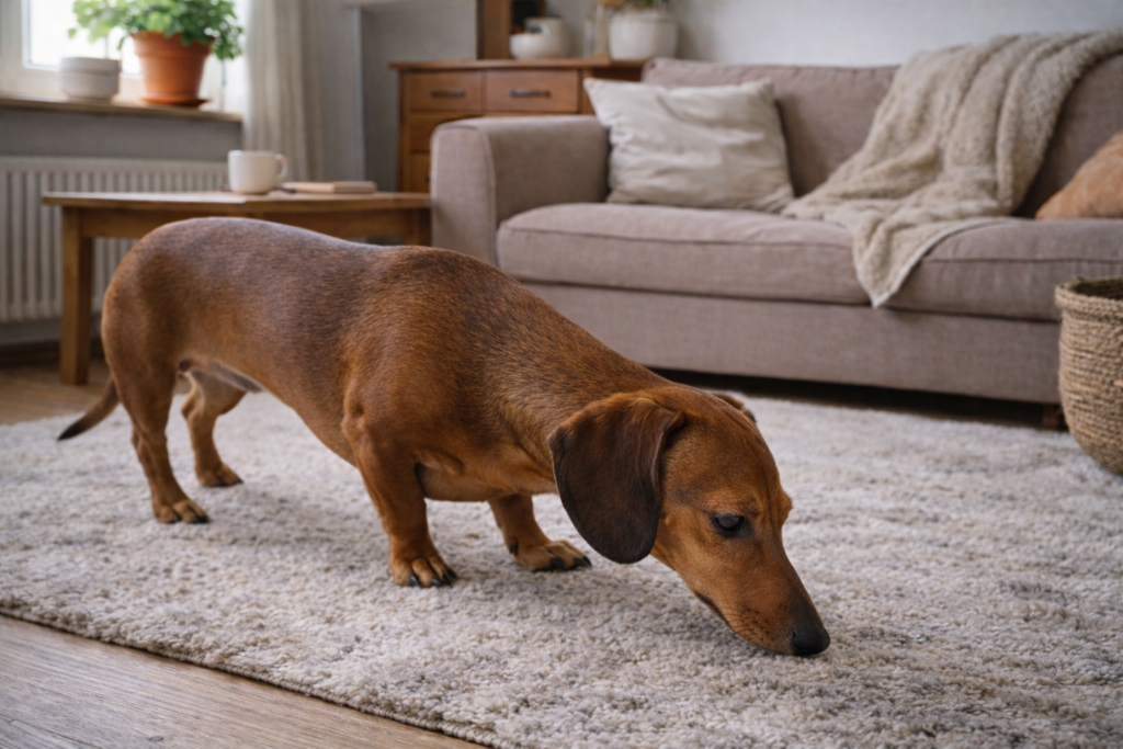 un teckel en casa olfateando la alfombra