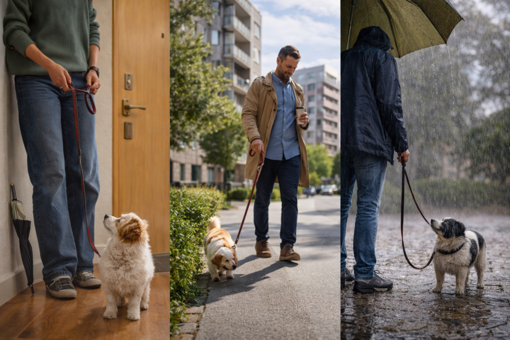 Tres escenas de salidas diarias con un perro: puerta de casa, paseo normal y lluvia